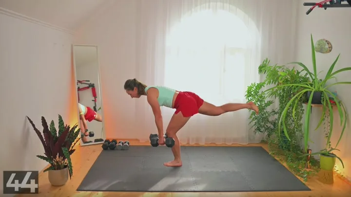 Single-leg Romanian deadlift demonstration with two dumbbells